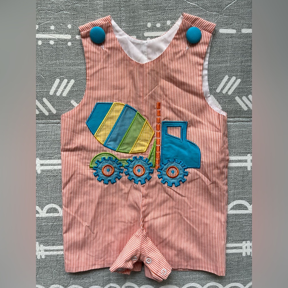 Honesty Baby Orange Stripe Cement Truck Shortall/Romper- 6M